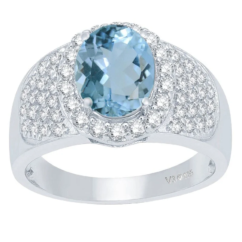 Gemstone rings featuring sapphire for rich blue shine -Sterling Silver with Natural Aquamarine and White Topaz Halo Ring