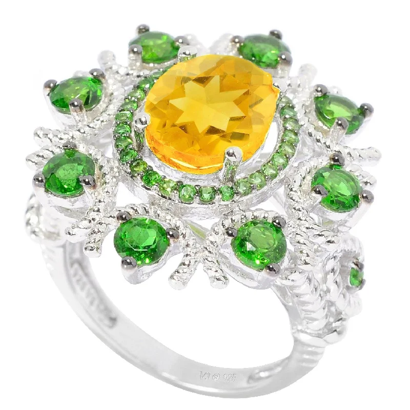 Gemstone rings featuring aquamarine for cool blue glow -Sterling Silver with Natural Citrine and Chrome Diopside Flower Ring - Yellow