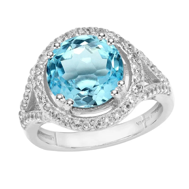 Oversized gemstone rings designed for bold finger impact -Sterling Silver with Natural Sky Blue Topaz and White Topaz Halo Ring