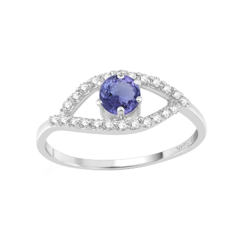 Gemstone rings featuring lapis for bold blue depth -Sterling Silver with Natural Tanzanite and White Zircon Evil Eye Ring