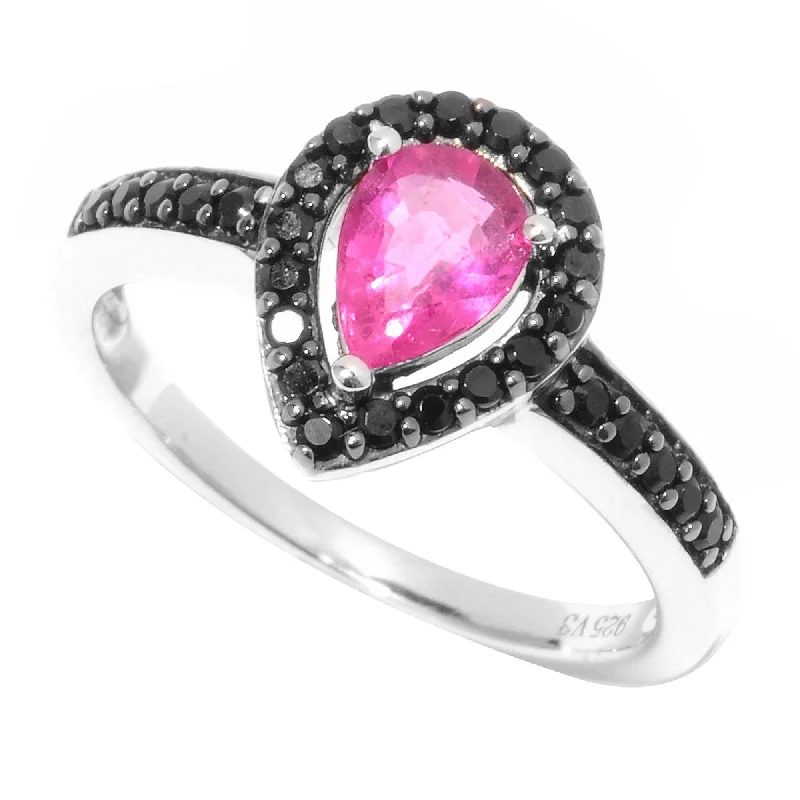 Gemstone rings featuring morganite for soft pink shine -Sterling Silver with Rubellite Tourmaline and Black Spinel Halo Ring