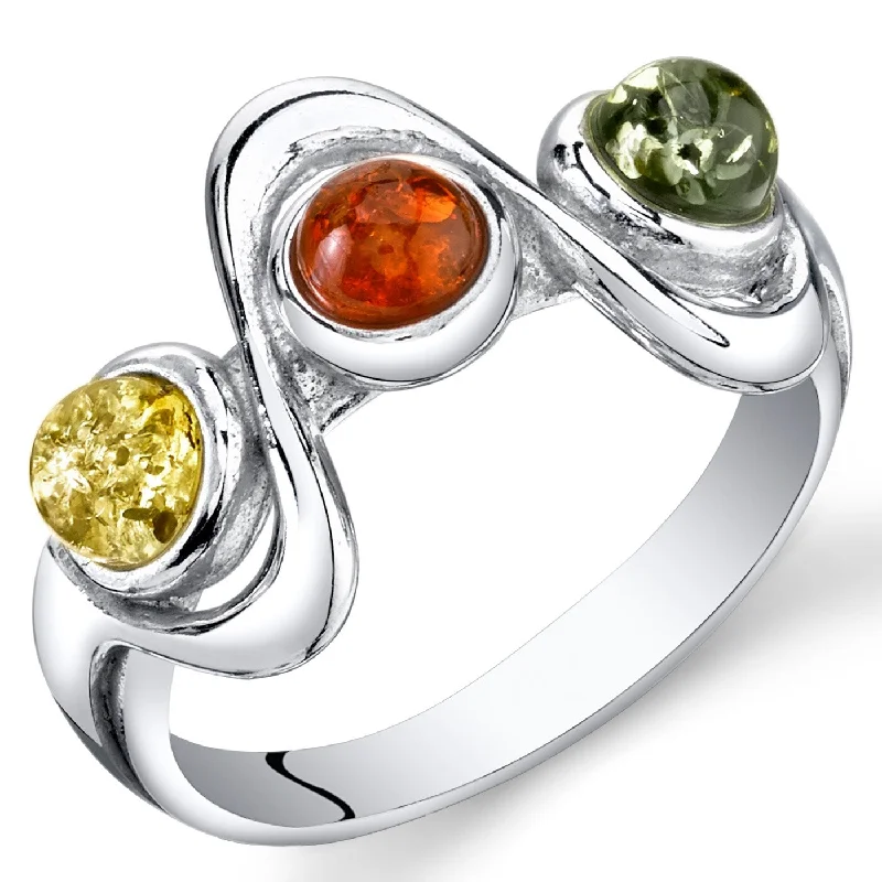 Vibrant gemstone rings with multicolor stone arrays -Three-stone Amber Ring in Sterling Silver