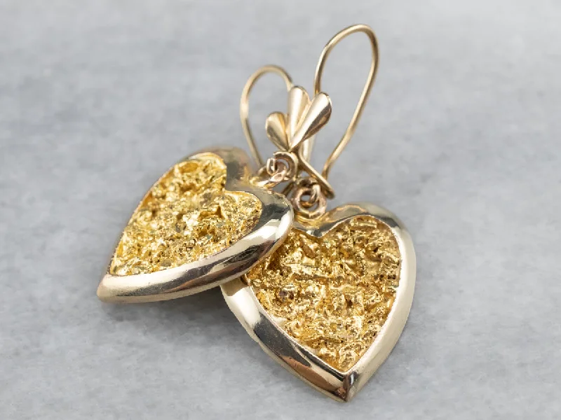 Engraved Drop Earrings for Personal-Gold Nugget Center Heart Drop Earrings