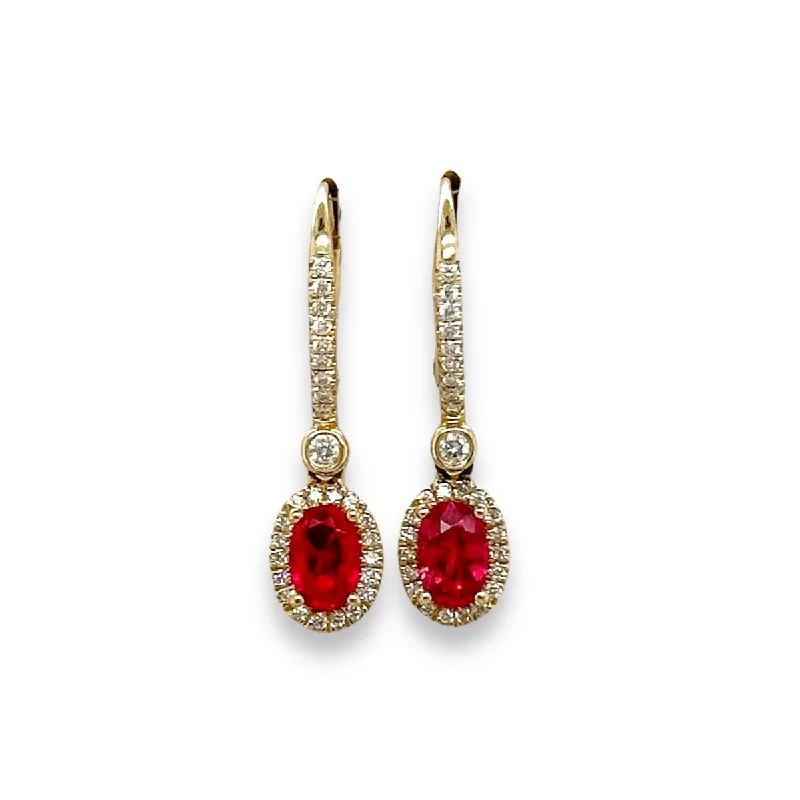 Simple Drop Earrings for Subtle-14K Y Gold 1.06ctw Rubies and 0.26 Diamond Drop Earrings