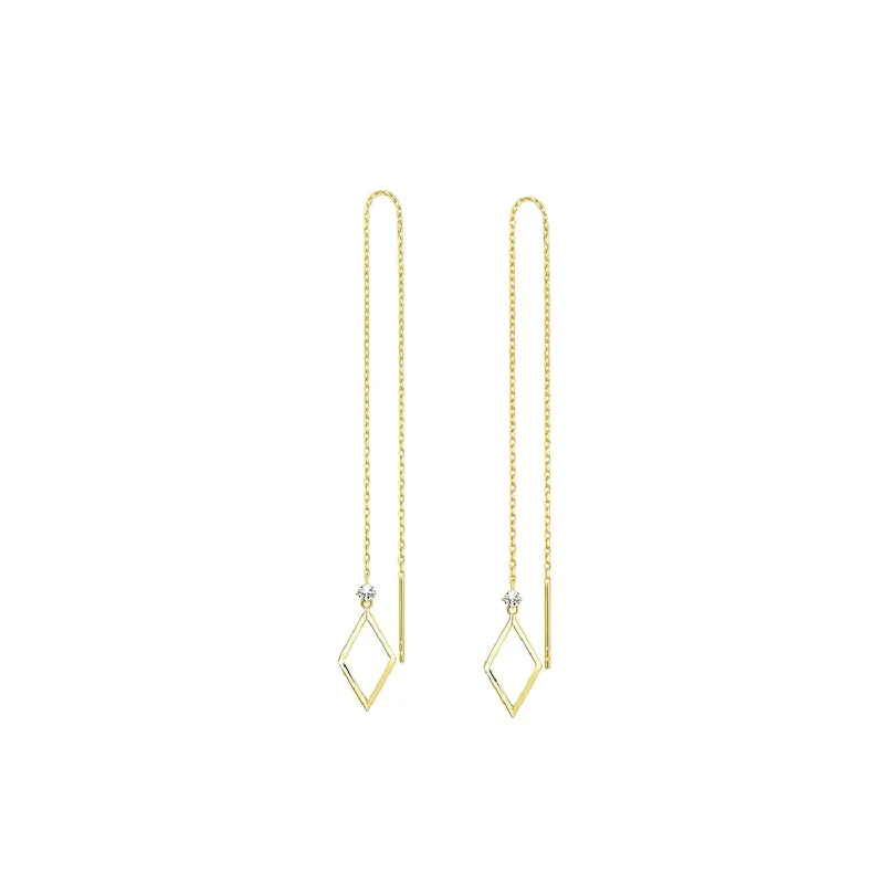 Handmade Drop Earrings for Artisanal-14kt Yellow Gold Threader Earrings with Round Cut Diamonds Dainty Long Drop Earrings