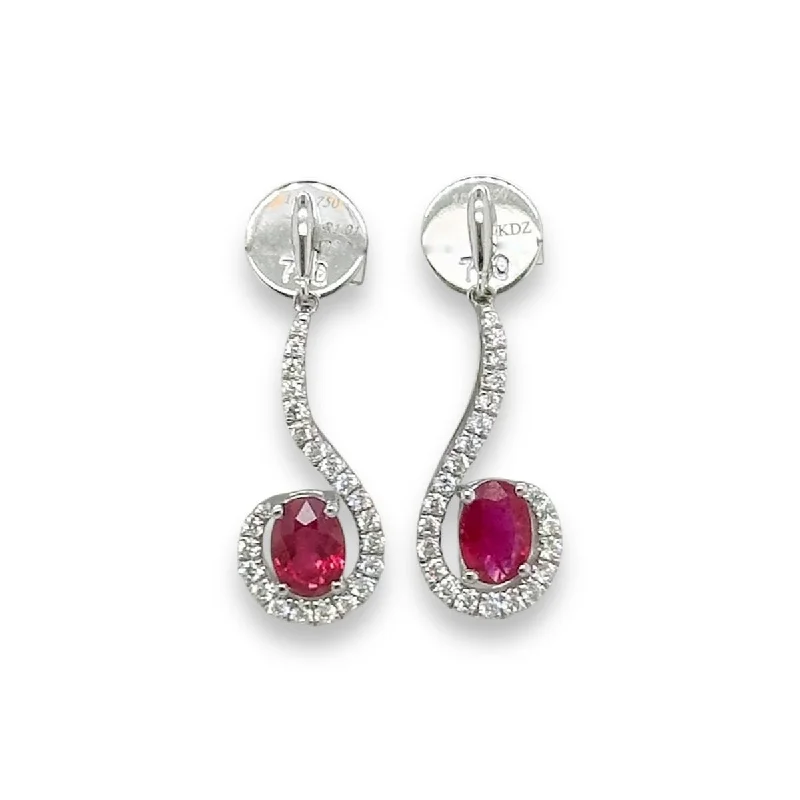 Oval Drop Earrings for Graceful-18K W Gold 1.01ctw Rubies 0.27ctw G/SI1 Drop Earrings