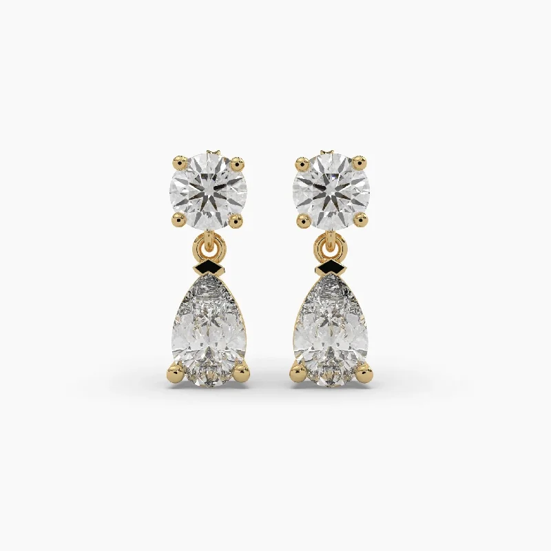 Fashion Drop Earrings for Trendy-5ct Round and Pear Lab Grown Diamond Drop Earrings | Push Back Stud Earrings | 14k Gold