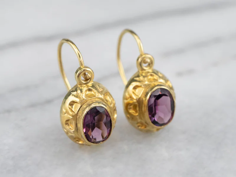 Delicate Drop Earrings for Feminine-High Karat Gold Purple Glass Drop Earrings