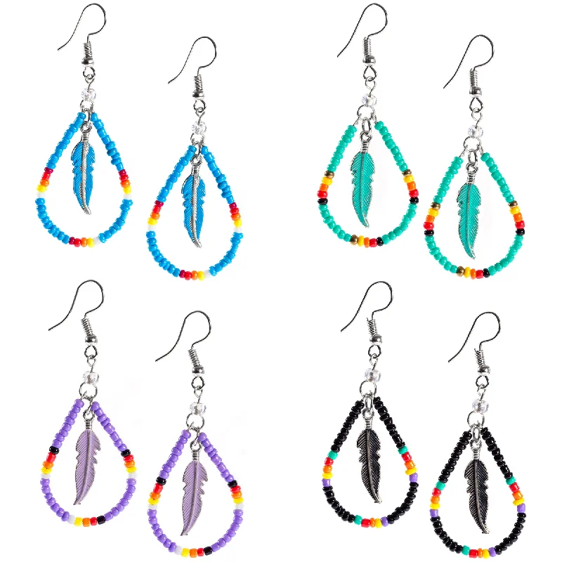 Detachable Drop Earrings for Versatile-Beaded Feather Teardrop Earrings