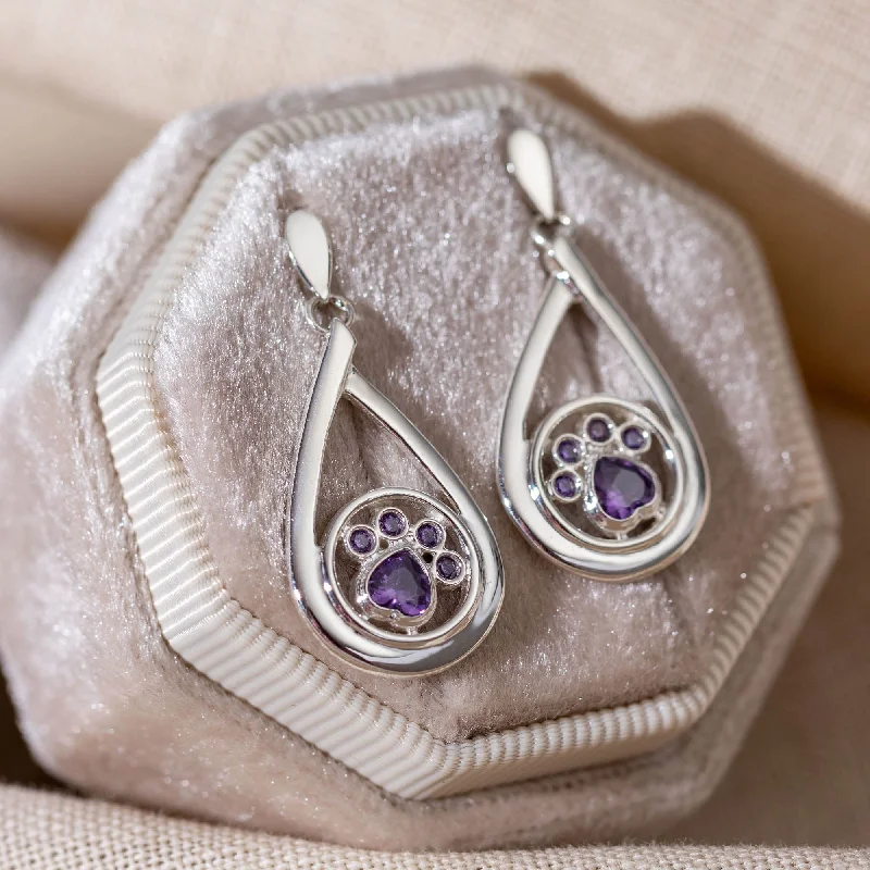 Romantic Drop Earrings for Loving-Crystal Paw Print Sterling Teardrop Earrings