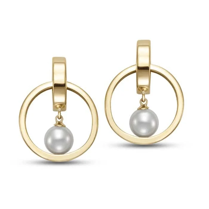 Romantic Drop Earrings for Loving-Mastoloni 6.5-7mm Freshwater Cultured Pearl Interlocking Circle Drop Earrings in 14K Yellow Gold