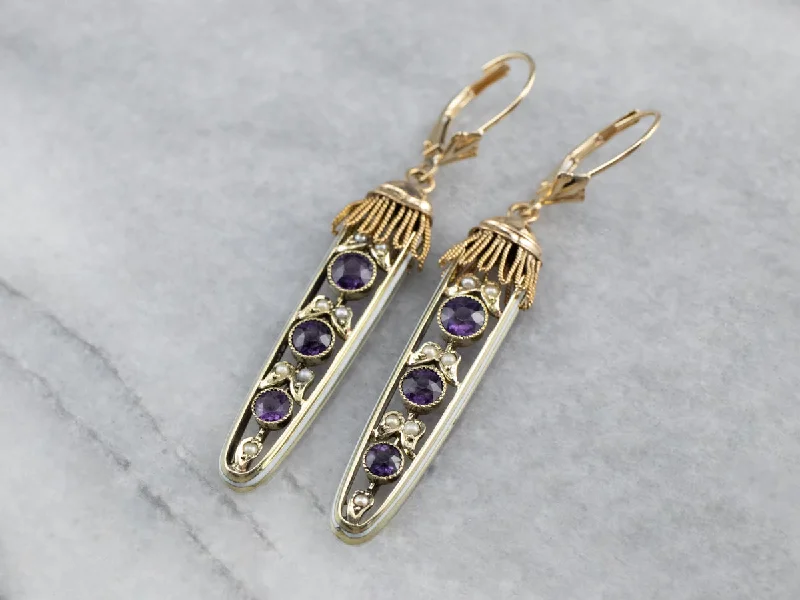 Free-Spirited Drop Earrings for Bohemian-Amethyst Seed Pearl Gold Filigree Drop Earrings