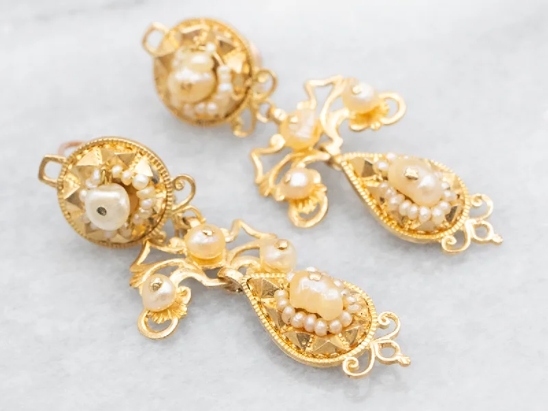 Woven Drop Earrings for Artistic-Antique Natural Pearl and Gold Filigree Drop Earrings