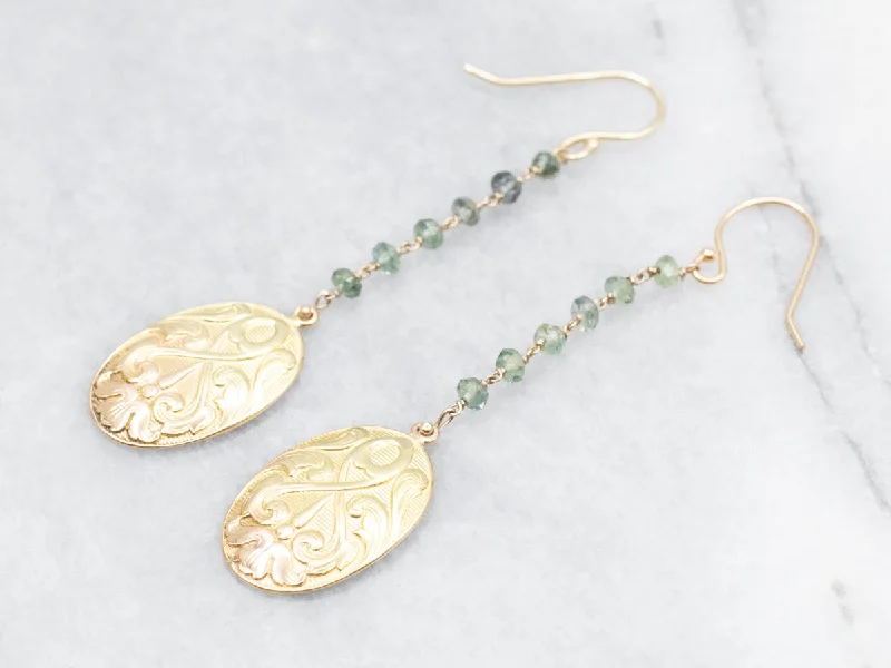 Wedding Drop Earrings for Bridal-Art Nouveau Green Sapphire Bead Scrolling Pattern Drop Earrings