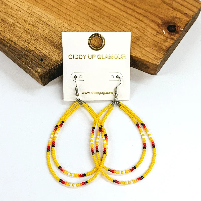 Party Drop Earrings for Glamorous-Aztec Seed Beaded Teardrop Earrings in Yellow