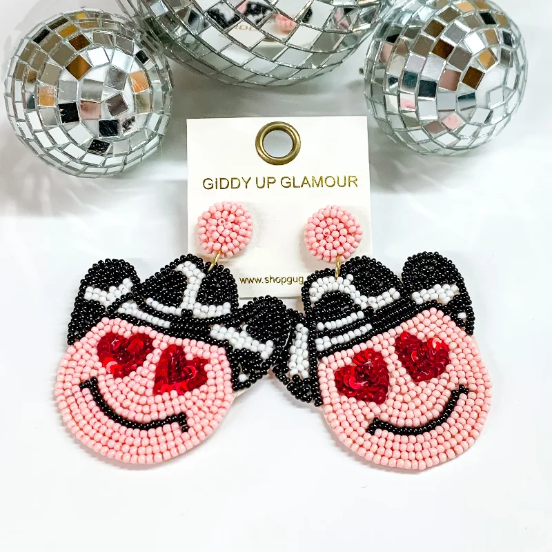 Sparkling Drop Earrings for Shiny-Beaded Cowboy Happy Face Drop Earrings with Red Heart Eyes in Pink