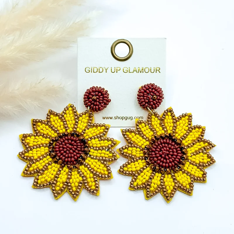 Square Drop Earrings for Modern-Beaded Sunflower Drop Earrings