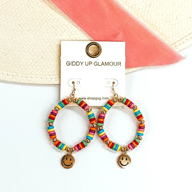 Embellished Drop Earrings for Fancy-Beaded Teardrop Earrings with Gold Happy Face Charm in Gold/Multicolored