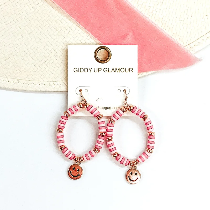 Layered Drop Earrings for Dramatic-Beaded Teardrop Earrings with Gold Happy Face Charm in Gold/Pink