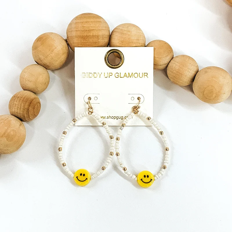 Maximalist Drop Earrings for Bold-Beaded Teardrop Earrings with Yellow Happy Face Charm in White