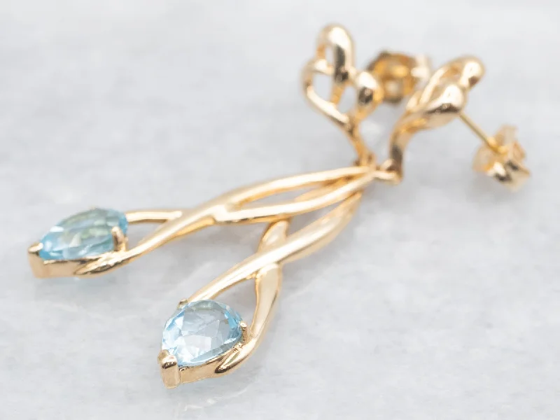 Iolite Drop Earrings for Blue-Twisting Gold Blue Topaz Drop Earrings