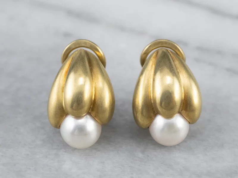 Lightweight Drop Earrings for Comfort-Botanical Brushed Gold Pearl Drop Earrings