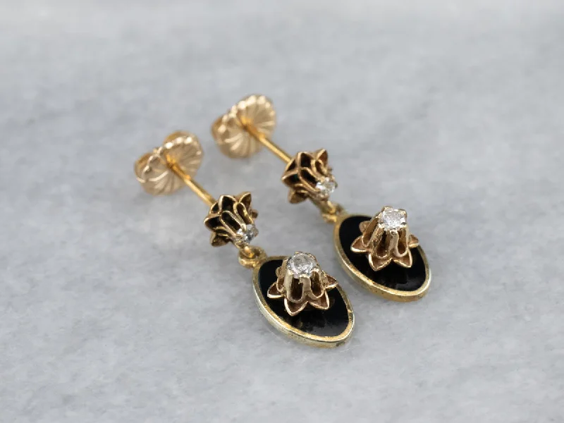 Rose Gold Drop Earrings for Romantic-Buttercup Diamond Black Enamel Drop Earrings