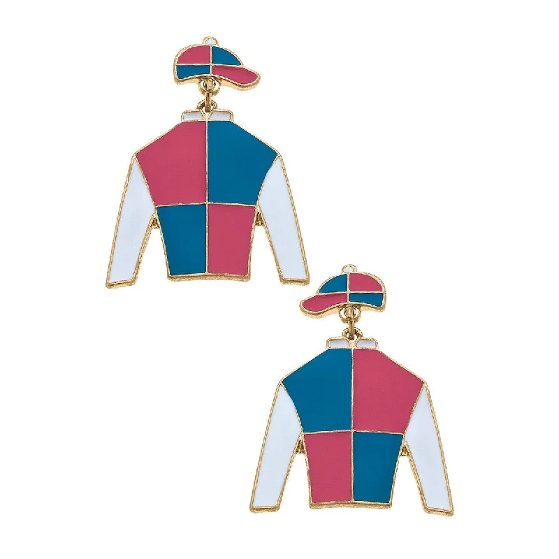 Padded Drop Earrings for Ear-Sir Barton Jockey Silk Enamel Drop Earrings in Fuchsia & Blu