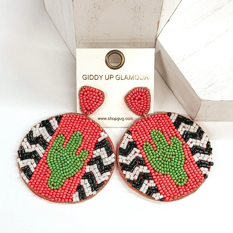 Modern Drop Earrings for Contemporary-Chevron and Cactus Beaded Circle Drop Earrings in Coral