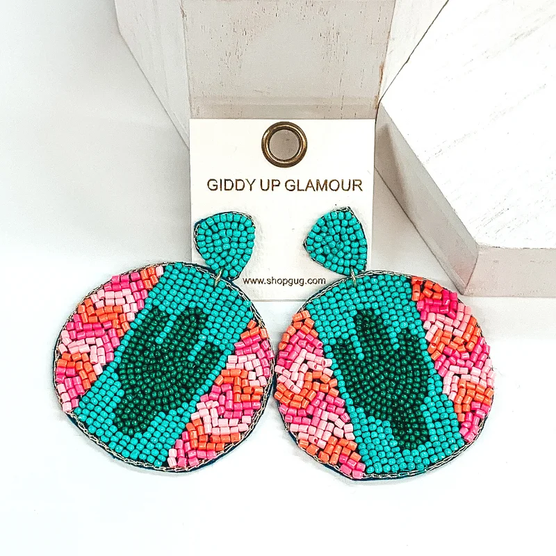 Vintage Drop Earrings for Nostalgic-Chevron and Cactus Beaded Circle Drop Earrings in Turquoise