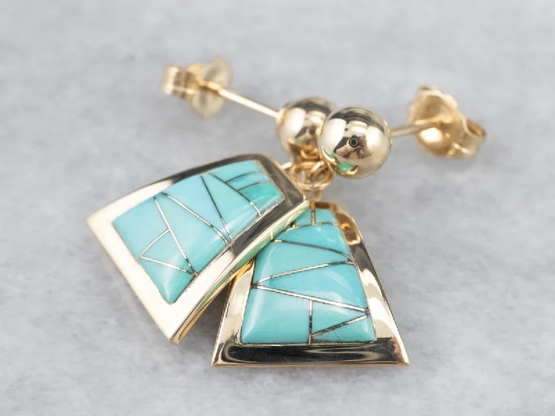 Work Drop Earrings for Professional-Turquoise Intarsia Drop Earrings in Yellow Gold