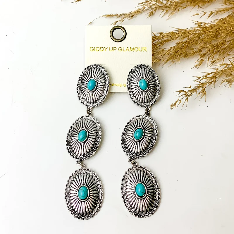 Steampunk Drop Earrings for Industrial-Concho Drop Earrings with Turquoise Stones in Silver Tone