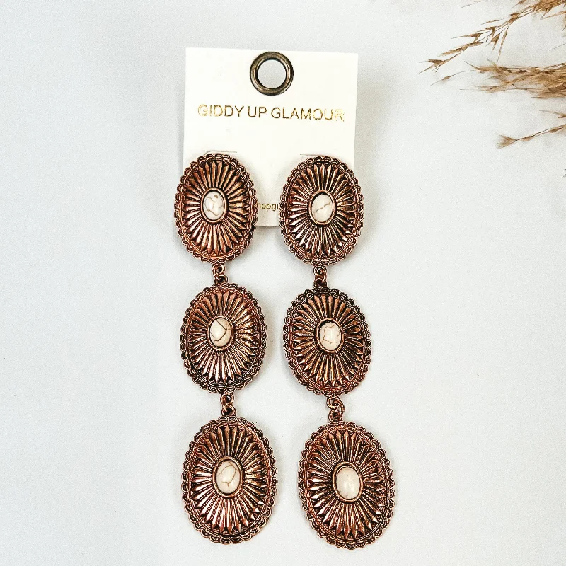 Bohemian Drop Earrings for Free-Spirited-Concho Drop Earrings with White Stones in Copper Tone