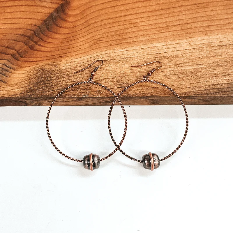 Lightweight Drop Earrings for Comfort-Copper Tone Twisted Circle Drop Earrings with Single Copper Tone Bead