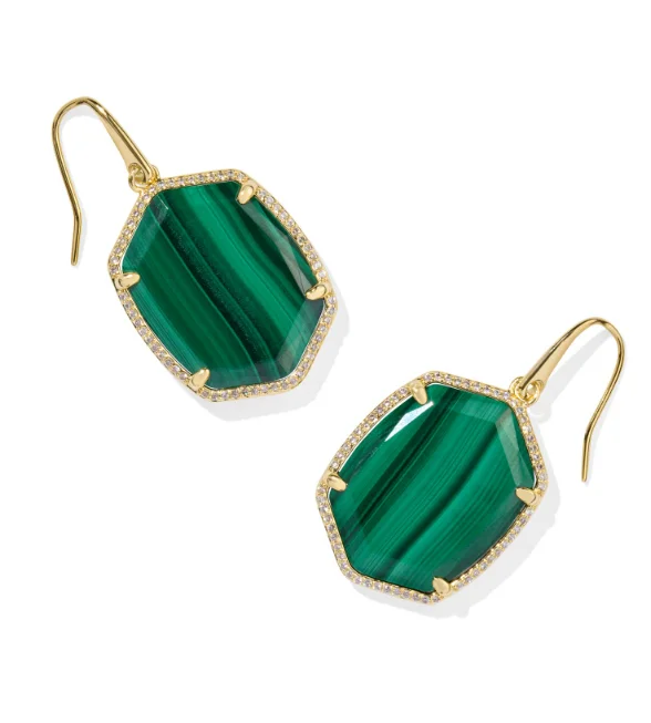 Flower-Shaped Drop Earrings for Delicate-Daphne Gold Plated Green Malachite Pave Frame Drop Earrings by Kendra Scott