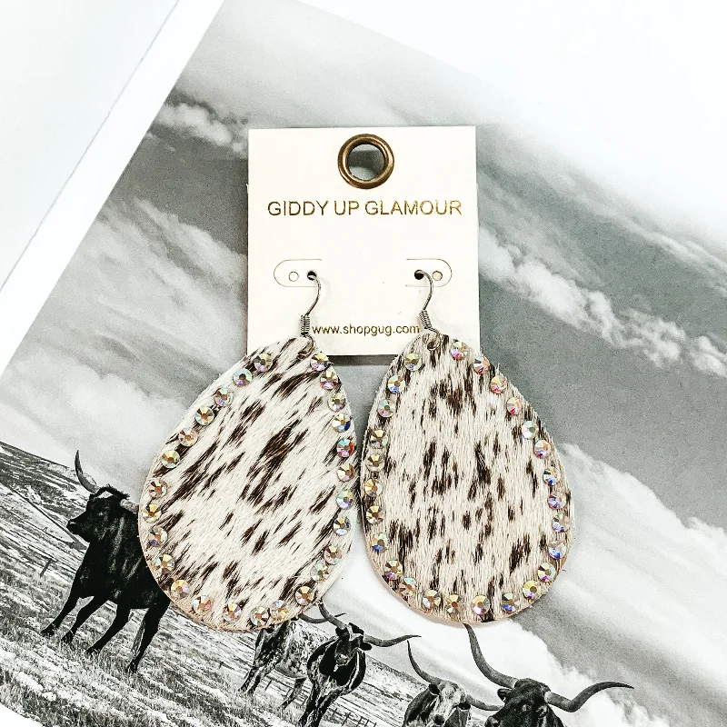 Pearl Drop Earrings for Elegant Look-Faux Cowhide Teardrop Earrings with AB Crystal Outline in Brown and White Cow Print