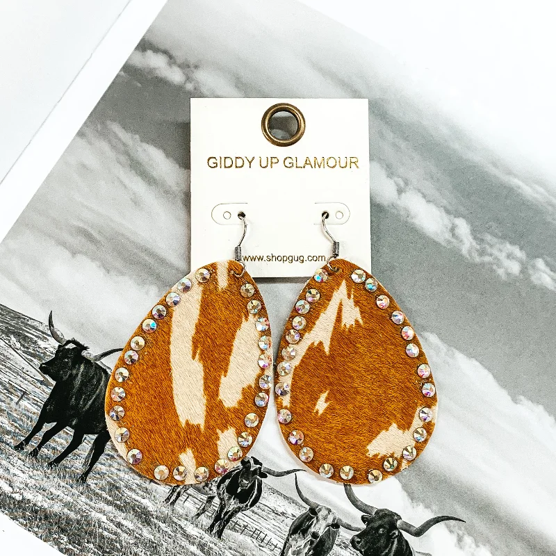 Classic Drop Earrings for Timeless-Faux Cowhide Teardrop Earrings with AB Crystal Outline in Ivory and Tan Cow Print