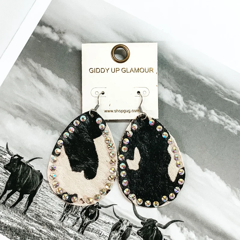 Vintage-Inspired Drop Earrings for Retro-Faux Cowhide Teardrop Earrings with AB Crystal Outline in White and Black Cow Print