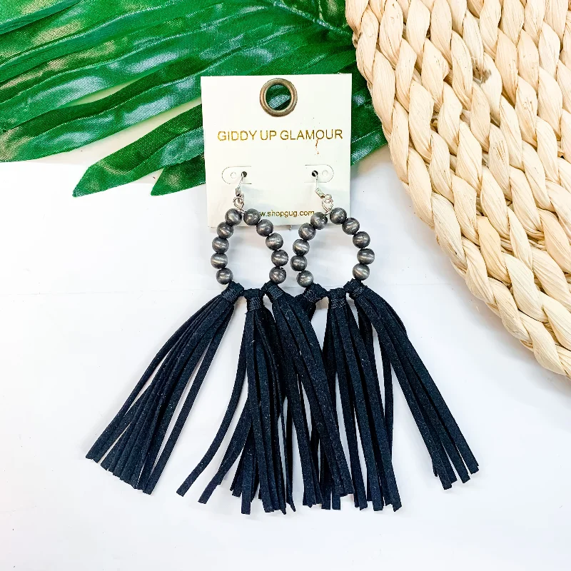 Classic Drop Earrings for Timeless-Feelin' Fabulous Navajo Teardrop Earrings With Leather Tassels in Black