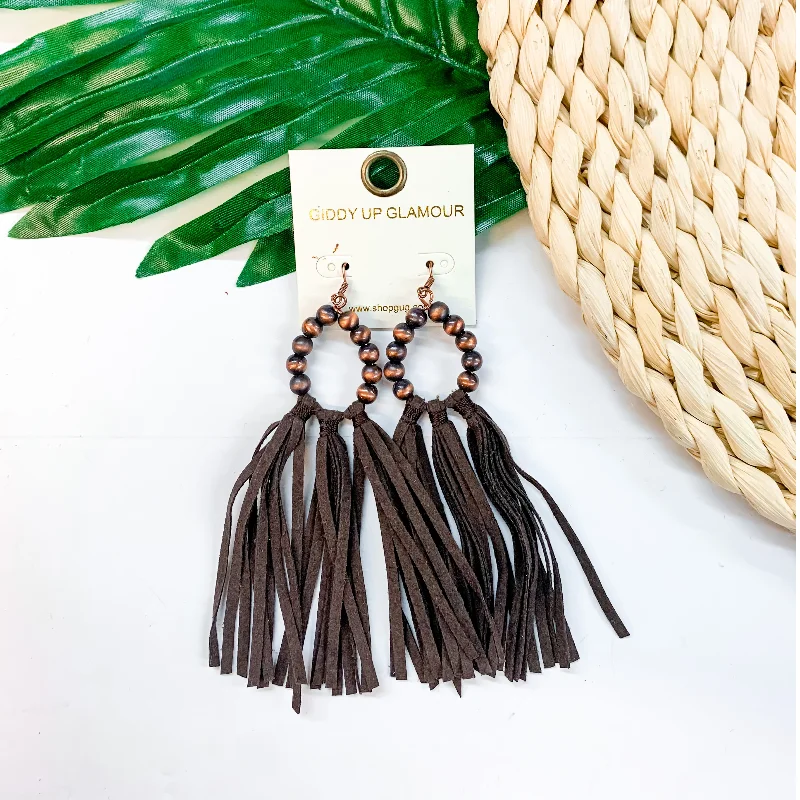 Moonstone Drop Earrings for Dreamy-Feelin' Fabulous Navajo Teardrop Earrings With Leather Tassels in Copper Tone and Brown