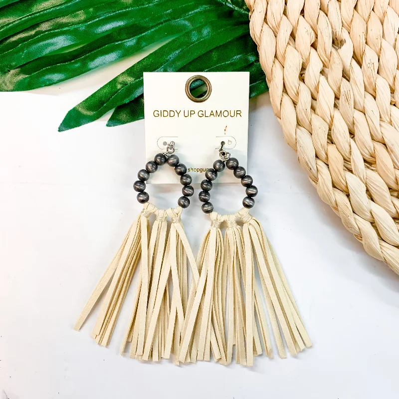 Aquamarine Drop Earrings for Calm-Feelin' Fabulous Navajo Teardrop Earrings With Leather Tassels in White