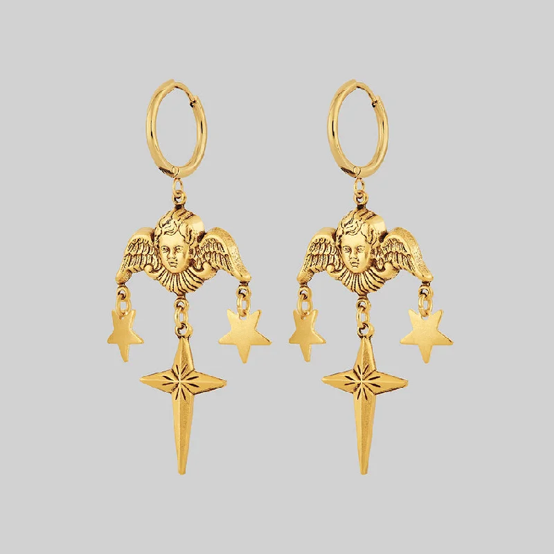 School Drop Earrings for Students-FLORENTINA. Cherub & Stars Drop Earrings - Gold