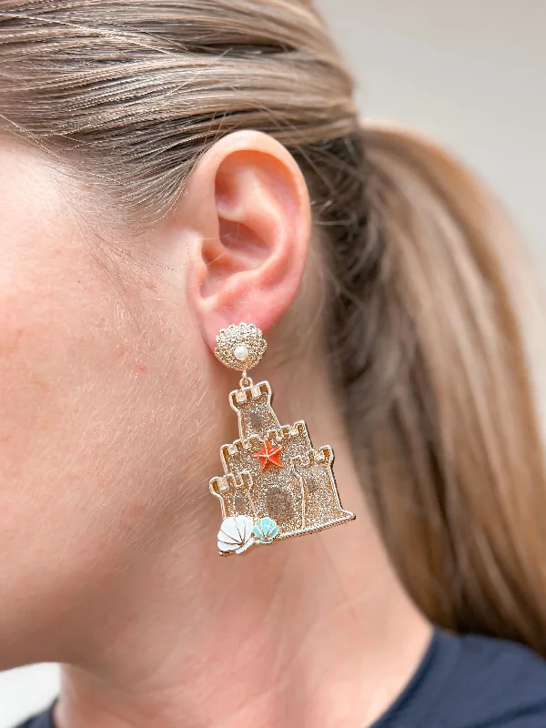 Engraved Drop Earrings for Personal-Glitter Sand Castle & Shell Drop Earrings