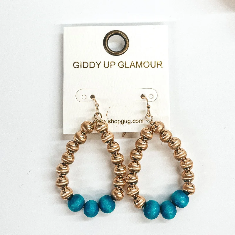 Quartz Drop Earrings for Simple-Gold Beaded Teardrop Earrings with Wood Beads in Turquoise