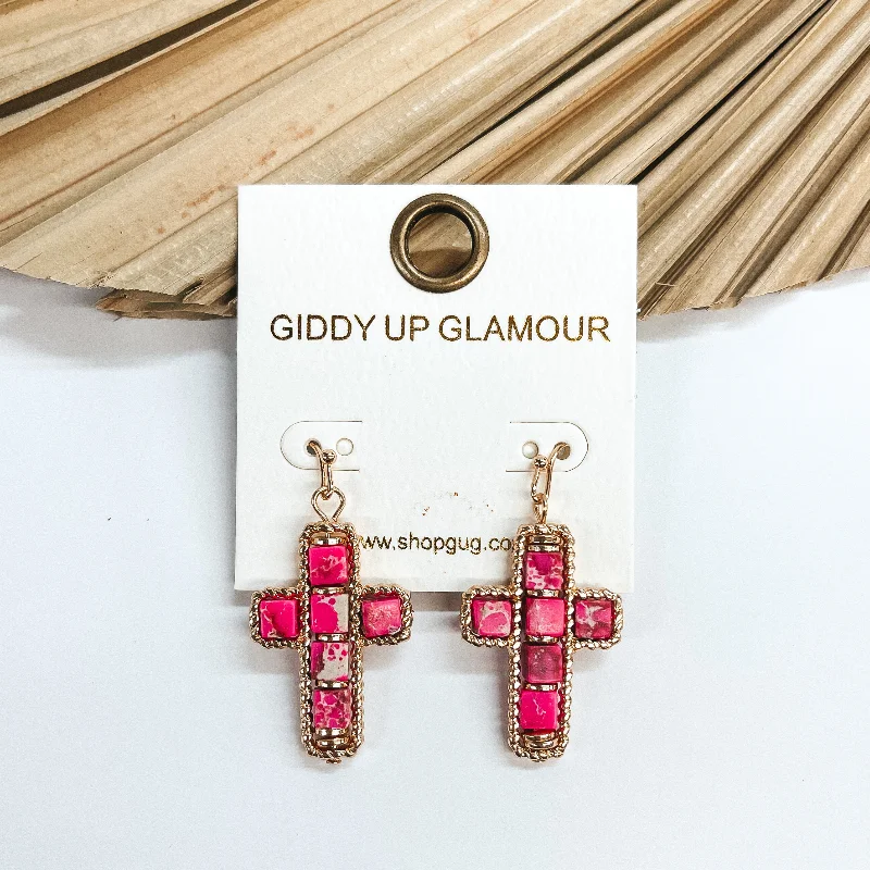 Emerald Drop Earrings for Refined-Gold Cross Pendant Earrings with Semi-Precious Stones in Fuchsia Pink