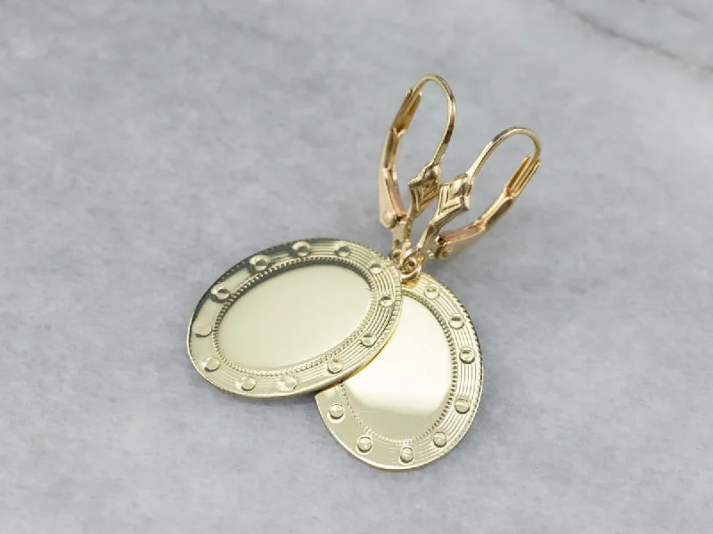 Steampunk Drop Earrings for Industrial-Green Gold Oval Disk Drop Earrings