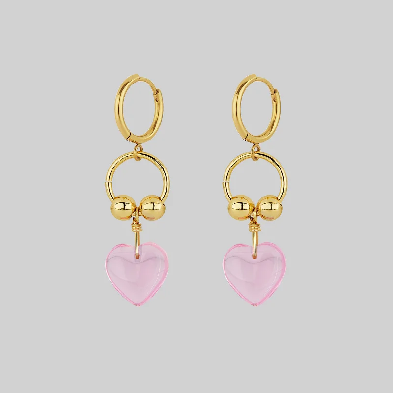 Beaded Drop Earrings for Decorative-HEART TO HEART. Pierced Drop Earrings - Gold