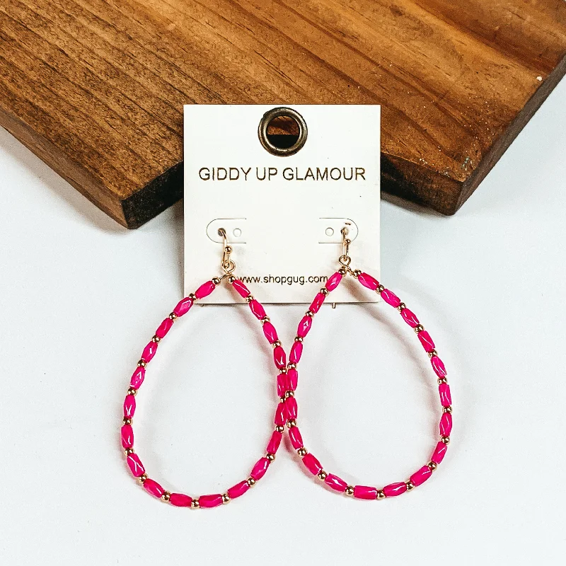 Free-Spirited Drop Earrings for Bohemian-Hot Pink and Gold Tone Beaded Teardrop Earrings