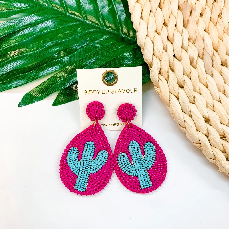 Gym Drop Earrings for Active-Lookin' Sharp Seed Bead Cactus Teardrop Earrings In Fuchsia and Turquoise