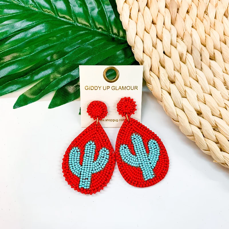 Wedding Drop Earrings for Bridal-Lookin' Sharp Seed Bead Cactus Teardrop Earrings In Red and Turquoise